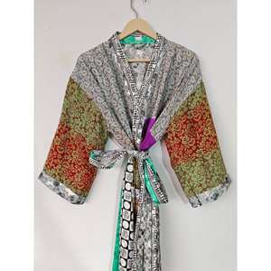 ชุดกิโมโนผ้าไหมรีไซเคิลทำมือสำหรับผู้หญิงเสื้อคลุมยาวพิมพ์ลายดอกไม้สำหรับงานแต่งงานที่บ้านหรือ brisaids ฤดูใบไม้ร่วงฤดูร้อน - Product Image 4