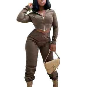 High Quality Printed 2025 Crop Top <b>Jogger</b> Sweat Suit Two Piece Hooded Women's Tracksuit with Sweat-Wicking & Breathable Fabric - Product Image 1