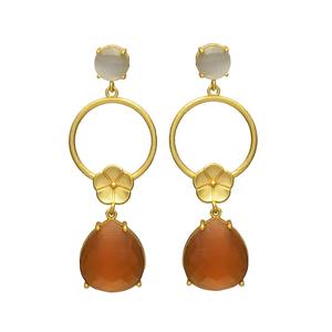 New Arrival Gold Tone Circular Drop <b>Earrings</b> with Flower and Red <b>Onyx</b> Gemstone - Product Image 1