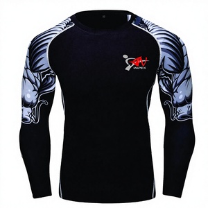 เสื้อแรชการ์ดผู้ชาย แขนสั้น ผ้าสแปนเด็กซ์ ระบายอากาศได้ดี เป็นมิตรกับสิ่งแวดล้อม พิมพ์ลายแบบซับลิเมชั่น ดีไซน์สั่งทำคุณภาพสูง หนังแท้ OEM - Product Image 1