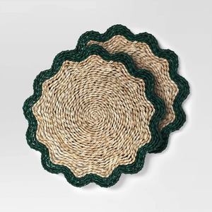 Napperon rond en jonc de mer, meilleure vente en gros, bordure verte, napperon écologique tissé à la main pour la table à manger et la décoration de la cuisine - Product Image 1