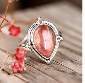 Women's Sterling Silver <b>Boho</b> Gemstone <b>Ring</b> with Natural Rhodochrosite Stone High Quality Gift Jewelry - Product Image 1