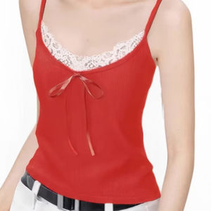 Débardeur d'été à col en V en dentelle à volants pour femmes 2025 Femme Sweet Girl Bow-tie Strapped Crop Top - Product Image 1