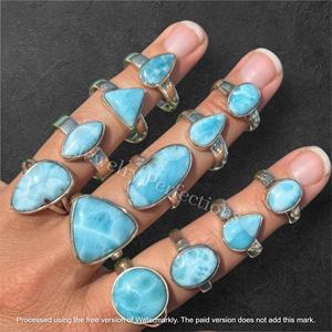 Anneaux en argent sterling plaqué de pierres précieuses de larimar naturelles de haute qualité, vente en gros, anneaux de mode en pierres précieuses en laiton, bijoux imperméables - Product Image 2