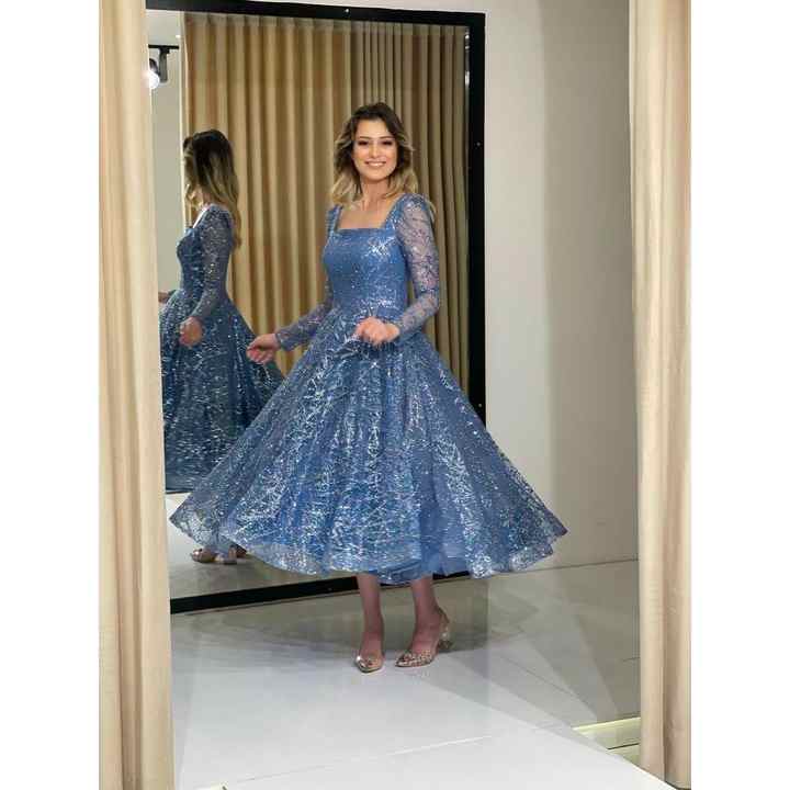Long Tulle Sleeves Square Collar Glitter Printed Midi Evening Dress Ht8354 8354