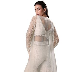 Giacca bianca ricamata in Georgette Sharara con Dupatta per festa nuziale matrimonio festiva festa di benvenuto - Product Image 3