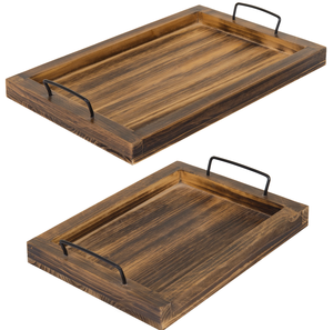 Plateau de service en bois de petit-déjeuner rond artisanal indien avec poignée en métal 2 pcs plateau en bois de service à l'eau haut tendance - Product Image 6