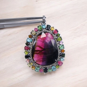 Colgante de piedra de corte facetado de rebanada de turmalina Bio Natural de Plata de Ley 925, colgantes y dijes finos de turmalina múltiple - Product Image 1