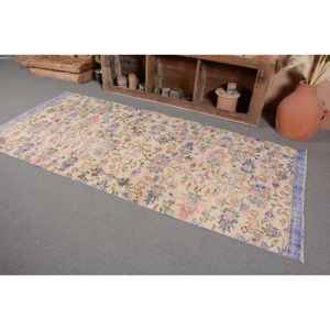 พรมตุรกีโบราณ3.9 x 8.7ft แฮนด์เมดขนสัตว์สีเบจสีฟ้างานปะติดด้านหลังสำหรับข้างเตียงสี่เหลี่ยมผืนผ้าห้องโถงดีไซน์ใหม่ - Product Image 3