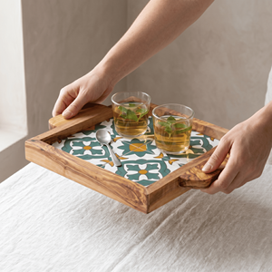 Plateau de service carré élégant en bois d'olivier et céramique, plateau ottoman pour la décoration moderne de table basse - Product Image 5