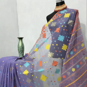 Exclusivo Deshi Dhakai Jamdani Sharee de alta calidad para mujeres JAMDANI tela azul rojo verde dorado cielo azul de Bangladesh - Product Image 1