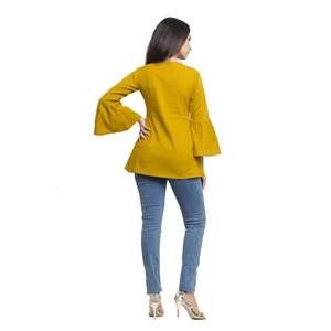 Haut en coton slub indien, haut tendance pour femmes/filles, uni et couleur moutarde, manches cloche et col rond, hauts en coton en gros - Product Image 2