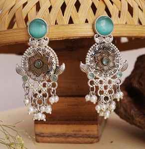 Pendientes florales oxidados hechos a mano con gotas de perlas de piedra verde, joyería étnica Vintage para mujer - Product Image 3