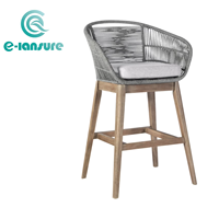 Chaise de bar minimaliste moderne pour l'extérieur, hauteur comptoir, base en teck et corde tressée, pour villa, cour, hôtel, jardin, complexe hôtelier