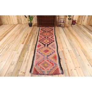 2.4x9.1 ft Rug, Turkish Vintage <b>Runner</b> Rug, <b>Red</b> Kilim Wool Rug - Product Image 1