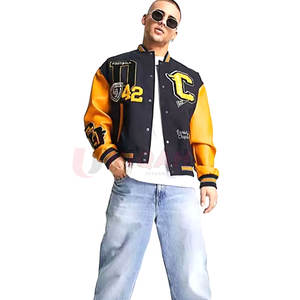 Meilleure Qualité Letterman Varsity Veste Polyester Coton & Cuir High Street Style Violet Foncé Demi Blanc Hiver Tissu - Product Image 1