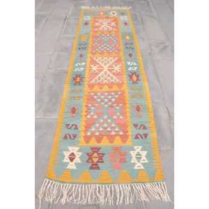 พรมวิ่งสไตล์ตุรกี ขนาด 2.7x9.3 ฟุต ลายต้นไม้และพืชสีน้ำเงิน พรมขนสัตว์วินเทจ - Product Image 1