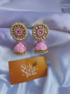 Boucles d'oreilles Meenakari Kundan Jhumka bijoux indiens traditionnels pour mariages, Mehendi, cérémonies Sangeet, demoiselle d'honneur et faveurs d'invité - Product Image 6