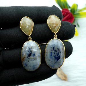 Sterling 925 Silver Natural Sapphire <b>Earring</b> Stud Multi Sapphire <b>Heart</b>-shaped Wedding Gift for Her <b>Gold</b> Plated - Product Image 3