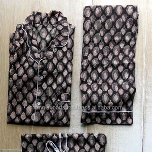 Ensemble de pyjama en tissu imprimé à la main de haute qualité, avec chemise boutonnée et pantalon à taille élastique, vêtements de nuit pour femmes - Product Image 1