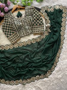 Heavy Faux Georgette Saree con Secuencia y trabajo de espejo real para todos los eventos con borlas adjuntas - Product Image 3