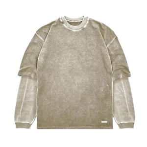 Camiseta de manga larga de doble capa de algodón lavado con ácido Vintage con estampado de logotipo OEM de buena calidad para hombre envío DDP - Product Image 3