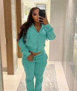 Streetwear délavé épais recadrée survêtement Double fermeture éclair femmes haut court sweats à capuche survêtement pantalons de survêtement ensemble fermeture éclair bas évasé survêtement - Product Image 2