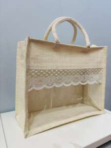 Exclusive Transparent Clear Window Stripped Jute Bags for Wedding Return <b>Gifts</b> <b>Basket</b> Room Hamper Tote Bag - Product Image 5