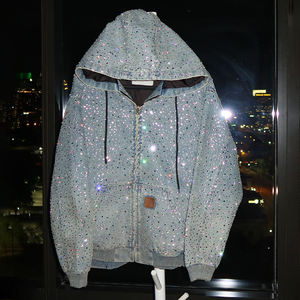 Sudadera con Capucha de Mezclilla con Pedrería de Lujo para Hombre y Mujer, Sudadera con Capucha de Cristal con Cremallera Completa Personalizada, Ropa Urbana, Venta al por Mayor OEM - Product Image 6