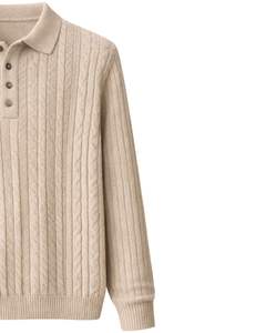 เสื้อโปโลถักลายแนวตั้ง แขนยาว คอติดกระดุม เนื้อผ้านุ่ม สีเบจ สำหรับฤดูหนาว รับสั่งซื้อจำนวนมากแบบขายส่ง - Product Image 4