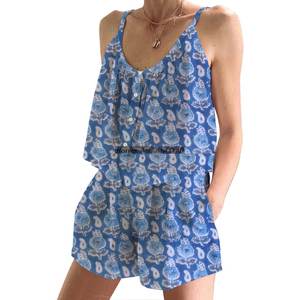 Conjunto de Pijama de Algodón Hecho a Mano en India con Estampados Clásicos de Índigo, Conjunto de Pijama de Primavera/Verano con Estampado Floral, Ajustado, con Tirantes y sin Mangas - Product Image 6