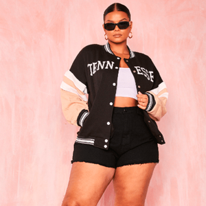 Chaqueta Bomber de Cuero Varsity para Mujer, Chaqueta de Béisbol de Lana Corta y Letterman, Color Negro/Rosa, Novedad - Product Image 1