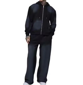 Vente en gros de vêtements de rue solides délavés à l'acide, ensemble de survêtement pour pantalon de survêtement, sweat à capuche zippé, respirant, équipement de jogging évasé 100% coton - Product Image 1