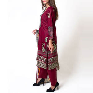 Nueva colección de moda, traje de lino granate de 3 piezas sin costuras, Salwar Kameez de seda estampada para mujer - Product Image 2