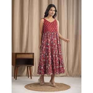 Vestido Boho Chic de Algodón Mulmul con Estampado a Mano, Color Granate, Tirantes Ajustables, Tallas XS-XXL, Transpirable, Cintura Natural, Ideal para Salir de Noche - Product Image 6