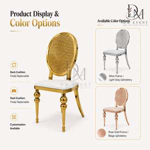 Chaise de mariage en acier inoxydable doré avec dossier médaillon ovale tressé et coussin blanc pour événements de mariage et banquets – Sièges événementiels - Product Image 5