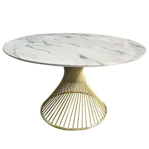 锥形金线底座现代圆形口音嵌套边桌，带圆形大理石顶部嵌套 & 茶展示桌