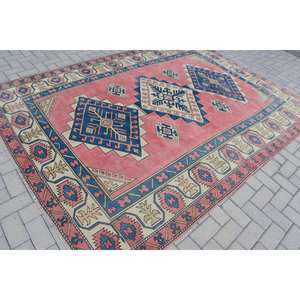 Alfombra de lana Kilim vintage, diseño de retazos rojo y azul de 7x9,3 pies para entrada, material de poliéster de yute con respaldo de látex de 10mm de espesor - Product Image 2