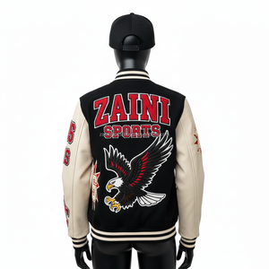 Veste universitaire pour femmes en laine mélangée avec manches en cuir, panneaux noirs et beiges, broderie en chenille, logo personnalisé, veste universitaire pour femmes - Product Image 2