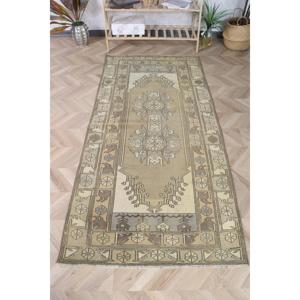 Turkish Area Rug 3.4x7.1 ft (104x215 cm), <b>Brown</b> Check Vintage Rug - Product Image 1