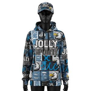 เสื้อฮู้ดดี้ผ้าโพลีเอสเตอร์ผสมคอตตอน พิมพ์ลายกราฟิกสีน้ำเงิน ดำ ขาว ทั่วตัว  ออกแบบโลโก้ตามสั่งด้วยเทคนิคซับลิเมชั่น เสื้อฮู้ดดี้พื้นฐานสำหรับผู้หญิง - Product Image 1