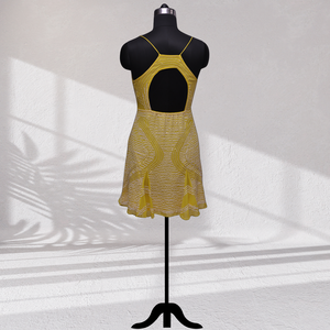 Jaune col en v asymétrique paillettes Vintage genou-longueur femmes à la mode sans manches été élégant coupe Flare décontracté fête - Product Image 2