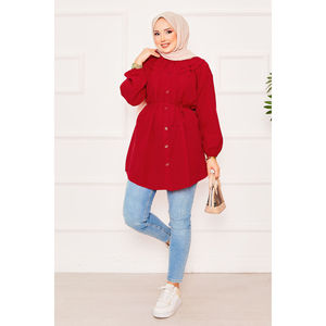 Red Modest <b>Tops</b> Double Collar Hijab Shirt with Drawstring Waist Versatile Clothing Accessory - Product Image 1