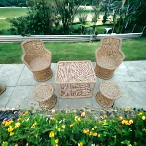 Mobilier de jardin en bois Vintage, 4 pièces, ensemble avec table, chaises, repose-pieds, en osier, à la mode - Product Image 3