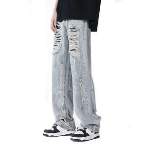 Jeans en denim bleu pour homme, déchirés, patchwork, coupe droite, ample, pour homme - Product Image 1