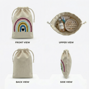 Organic Cotton <b>Drawstring</b> <b>Pouch</b> Bag with Rainbow Embroidery Screen Printed for Bracelets Watches Crafts or Promotions - Product Image 4
