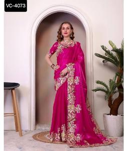 New Designer <b>Women</b> Wear Fancy Wedding and Festival Wear Heavy Fauz Georgette Saree with Embroidery Work Wedding Wear Saree - Product Image 1