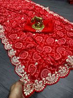 Sari de Boda Tradicional de Georgette Pura con Estampado Bandhani de Jodhpur, Pallu con Trabajo Pita y Borde Butti