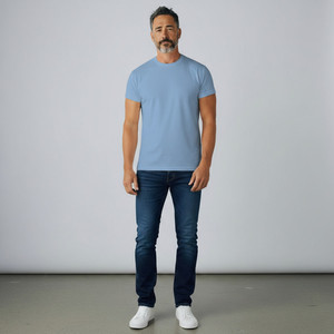 Chemise décontractée pour homme, bleu clair à carreaux, manches courtes, col rond, en coton tissé teint en fil, écologique, séchage rapide, respirante, coupe classique - Product Image 1