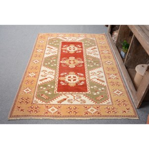 Alfombra Kilim turca Vintage de 4,4x6,4 pies, diseño de retazos rojo y verde, tejido plano de lana, respaldo de látex para pasillo rectangular para adolescentes de 10mm - Product Image 1